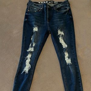 dark blue high rise skinny ripped jeans